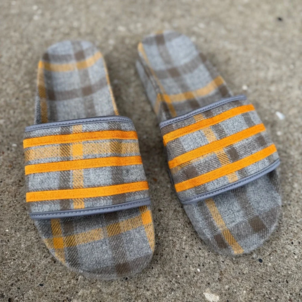 Adidas Adilette Premium Plaid Slides Mens 8 Grey Orange GW0825 Checkered Sandals